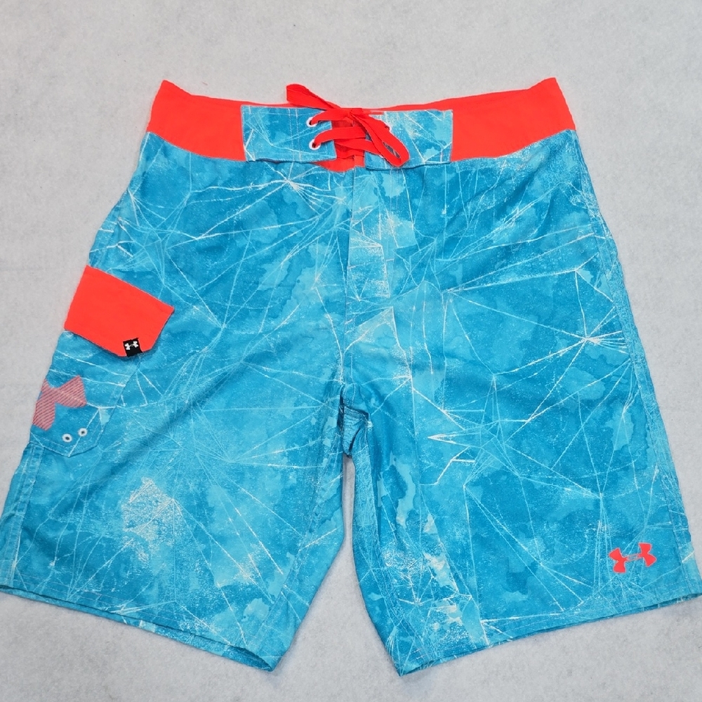 Under Armour HeatGear Board Shorts Mens 32 Blue Orange Geometric Swim Trunks